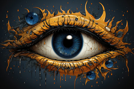 Eye with fire and planets on the background. 3d illustration.の素材