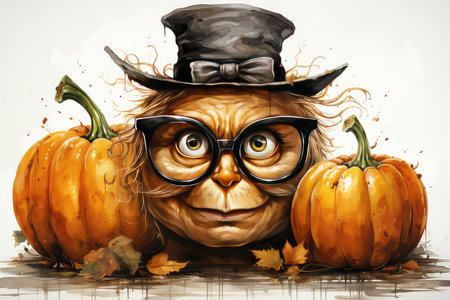 Pumpkin monster in a black hat and glasses on a white backgroundの素材