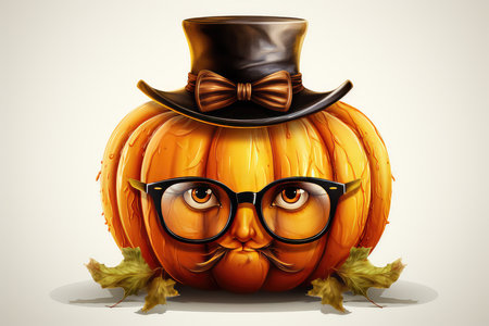 Pumpkin with glasses and hat on a light background. Vector illustration.の素材