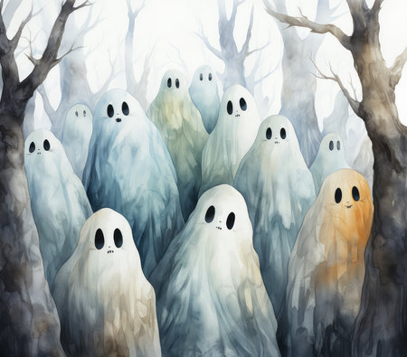 Halloween background with ghosts in the forest. Watercolor illustration.の素材