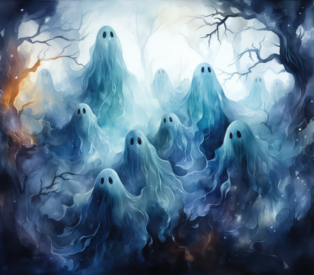 Halloween background with ghosts and trees in dark forest. Illustrationの素材