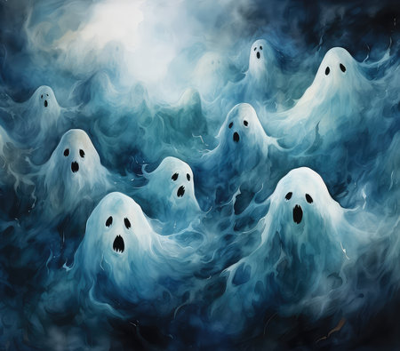 Ghosts coming out of the water. Halloween background. 3D renderingの素材