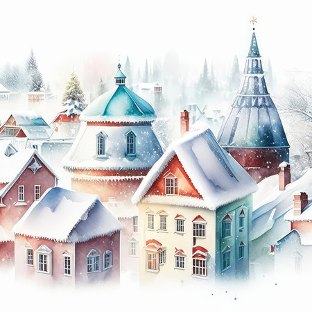 Winter cityscape with snow-covered houses and church. Digital painting.の素材