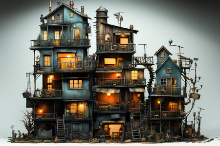 3D rendering of a haunted house with many windows and balconiesの素材