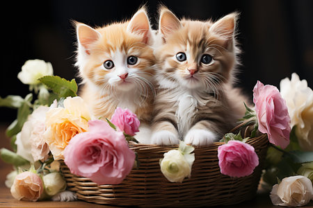 Cute little kittens and flowers in a basket on a dark backgroundの素材