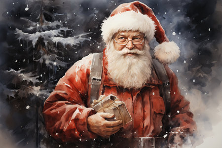 Portrait of Santa Claus with a bag of gifts in his hands.の素材
