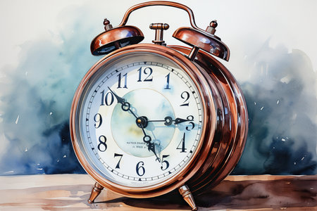 Retro alarm clock on a wooden table. Watercolor painting.の素材