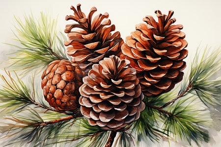 Pine branches with cones. Watercolor painting on white background.の素材
