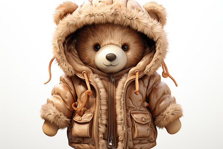 Teddy bear in a warm winter jacket on a white background.の素材