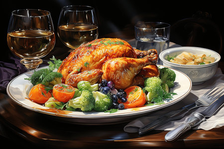 roasted chicken with vegetables and glasses of white wine on the tableの素材