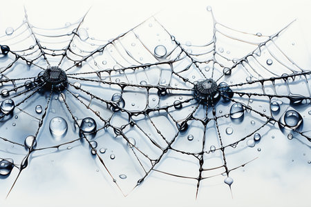 Broken spider web with water drops isolated on white background. 3d illustrationの素材