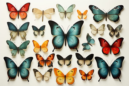 Butterfly collection on white background. Top view. Flat lay.の素材
