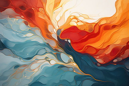 Abstract background of acrylic paint in blue, orange and red colors.の素材