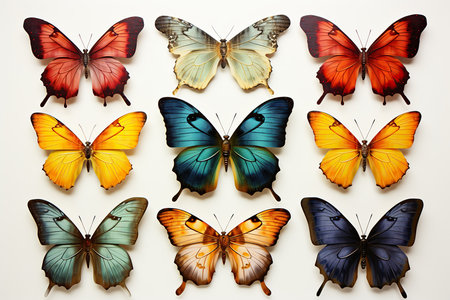 Butterflies of different colors on a white background, close-upの素材
