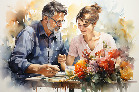 Couple in a cafe with flowers painting. Digital painting illustration.の素材