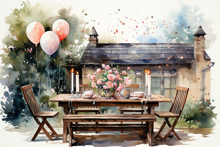 Beautiful romantic dinner in the garden. Watercolor painting illustration.の素材