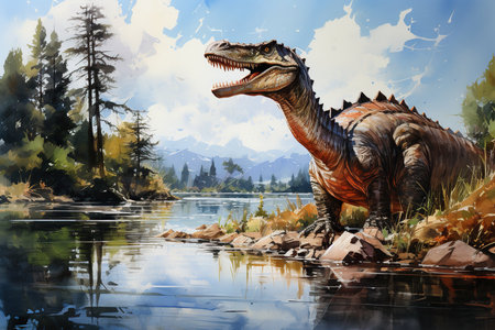 dinosaur on the shore of a lake with mountains in the backgroundの素材
