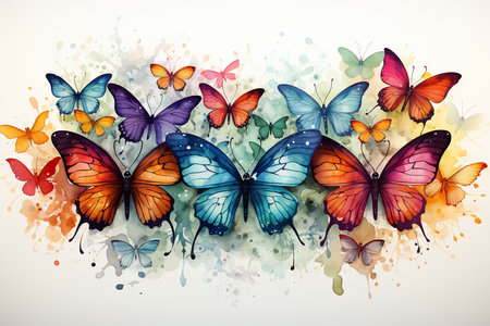 Colorful butterflies on watercolor splashes background. Vector illustration.の素材