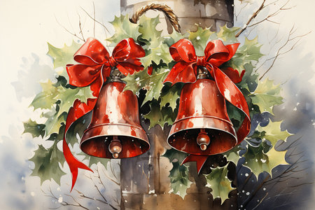 Watercolor illustration of christmas bells with red bows on the treeの素材