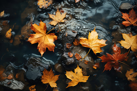 Autumn leaves in the water. Fallen leaves in the water.の素材