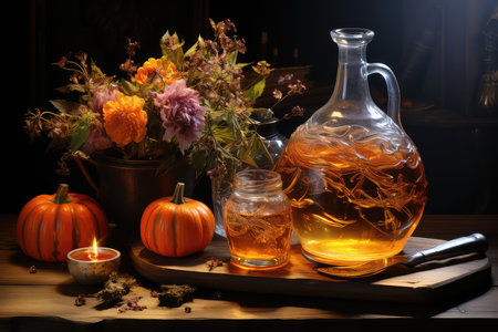 Halloween still life with pumpkins and candles on wooden table.の素材