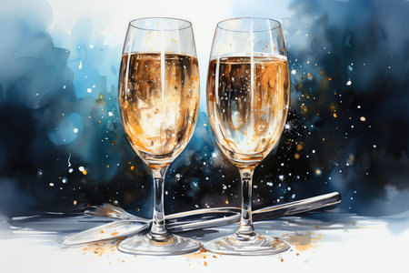 Two glasses of champagne on abstract watercolor background with bokeh.の素材
