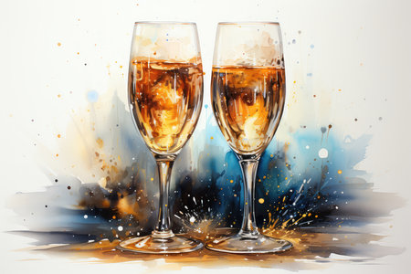Two glasses of champagne with watercolor splashes on a white backgroundの素材