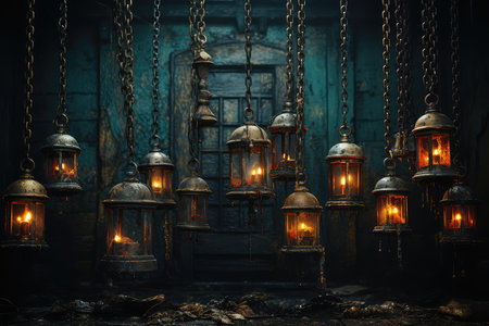 Lanterns in an old abandoned house. Halloween concept.の素材