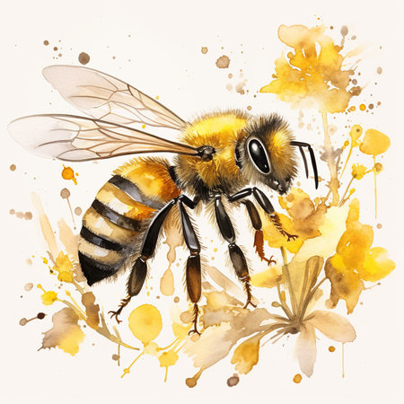 Honey bee with yellow flowers. Watercolor painting. Hand drawn illustrationの素材