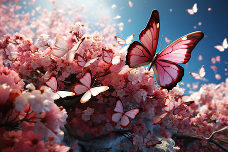 Bouquet of pink cherry blossoms and butterflies on blue sky backgroundの素材