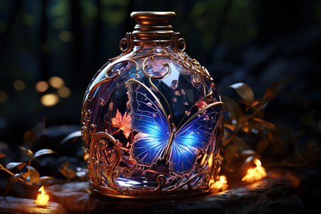 A beautiful glass vase with a butterfly inside stands on a stone in the forest.の素材
