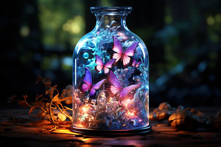 butterfly in a glass jar on a wooden table in the darkの素材