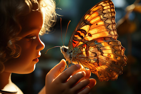 Little girl on the background of a beautiful butterfly in the rays of the setting sunの素材