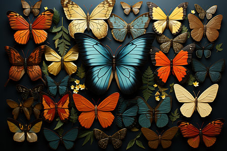 Butterflies of different colors and shapes on a dark background.の素材