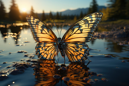 Butterfly on the water surface at sunrise in the mountains.の素材