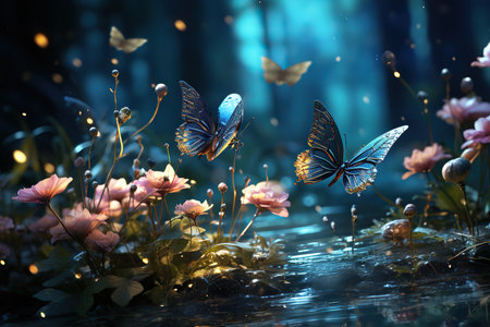 Butterfly in the meadow with flowers. 3d renderingの素材