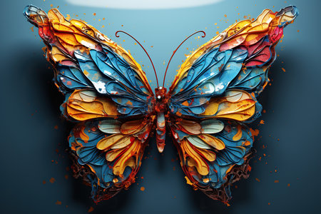 Colorful butterfly on a dark background. 3d rendering. Computer digital drawing.の素材