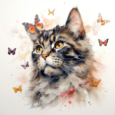 Portrait of Maine Coon cat with butterflies. Watercolor painting.の素材