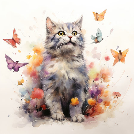 Watercolor portrait of a beautiful cat with butterflies on a white backgroundの素材