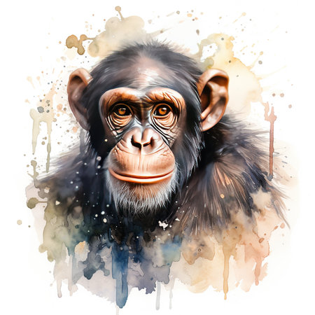 Chimpanzee portrait with splashes of watercolor on white backgroundの素材
