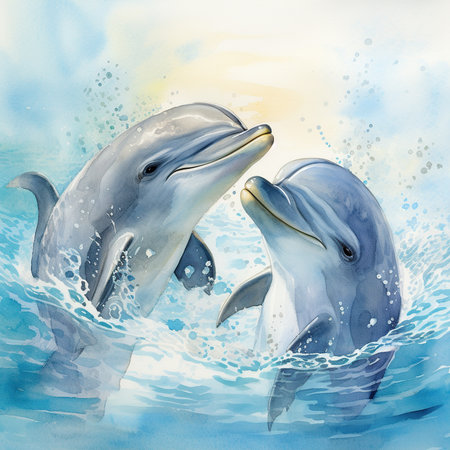 Dolphins in the sea. Watercolor illustration for your design.の素材