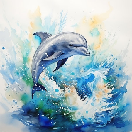 Watercolor illustration of a dolphin jumping in the sea. Hand drawn watercolor illustration.の素材