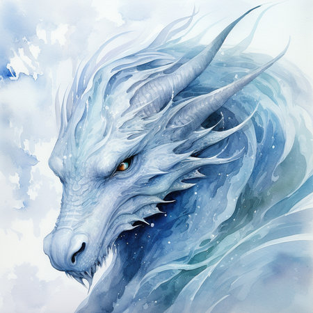 Watercolor illustration of a fantasy dragon in a blue sky background.の素材