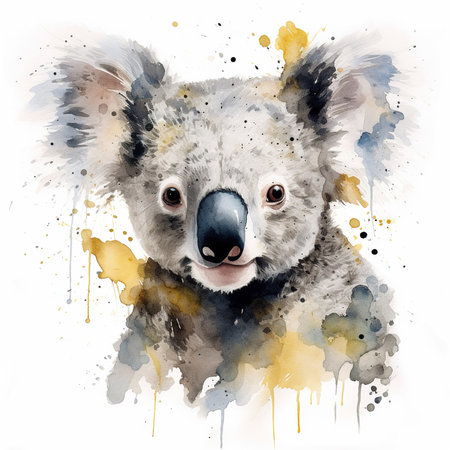 Watercolor hand drawn illustration of koala with watercolor splashesの素材