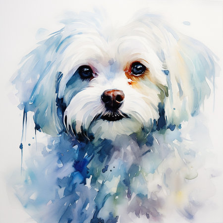 Watercolor painting of a Maltese dog. Digital painting on canvas.の素材