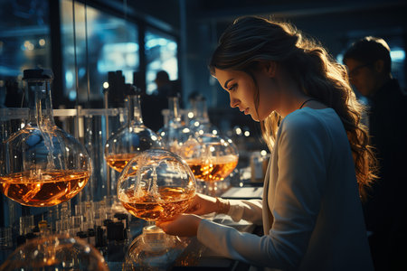 Attractive young businesswoman working in a modern office. She is holding a glass of whiskey in her hands.の素材