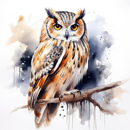 Watercolor painting of an owl sitting on a branch. Hand-drawn illustration.の素材