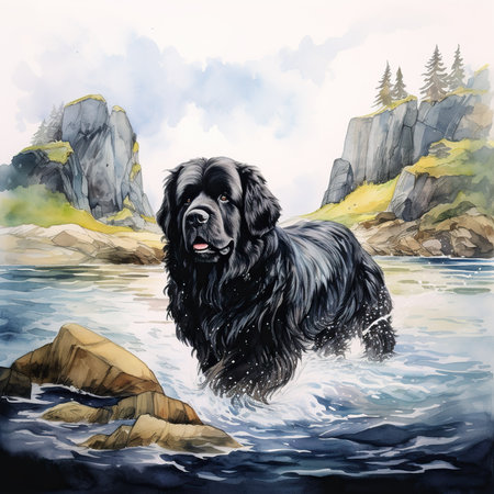 Watercolor illustration of a black Newfoundland dog standing on the rocks in the water.の素材