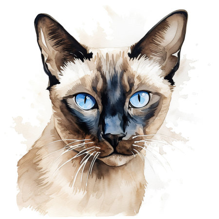 Watercolor portrait of a siamese cat with blue eyes.の素材