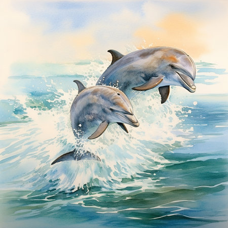 Dolphins jumping out of the water. Watercolor painting illustration.の素材